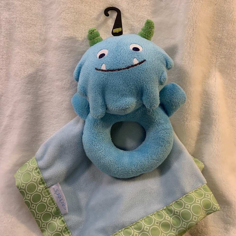 Carters Plush Blue Monster Security Blanket Rattle Lovey Stuffed Animal Toy Baby